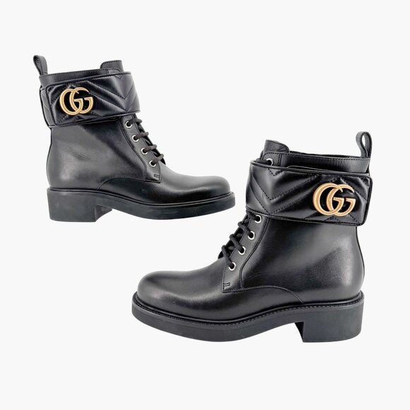 Gucci Marmont GG Combat Boot Size 37 US 7 Black Lace Up Quilted Ankle Biker Logo - Picture 8 of 14